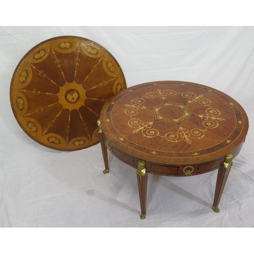 135 - Edwardian style inlaid and crossbanded round occasional or centre table with figured mounts, taperin... 