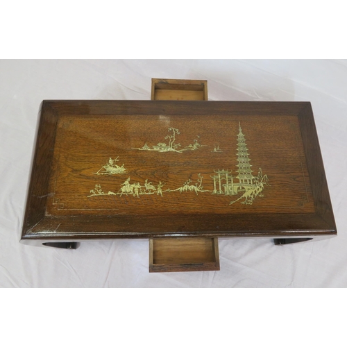 136 - Oriental oblong inlaid coffee table with ornate scenic figured inlay, on shaped legs