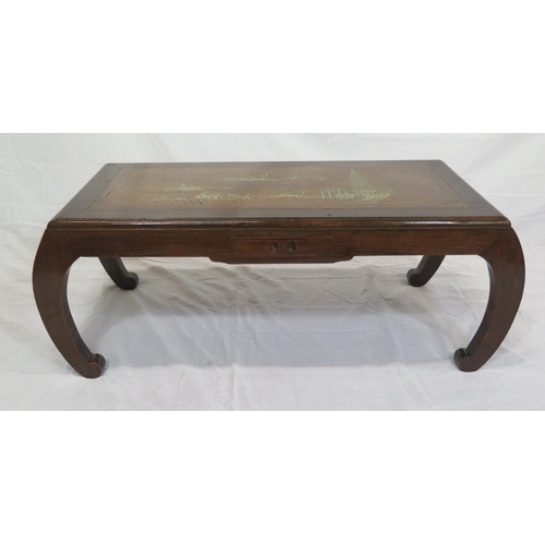 136 - Oriental oblong inlaid coffee table with ornate scenic figured inlay, on shaped legs