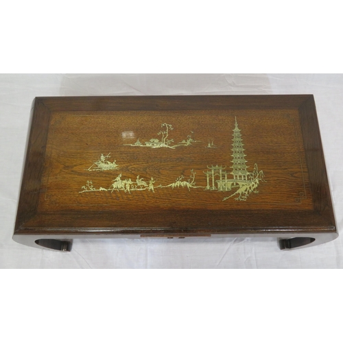 136 - Oriental oblong inlaid coffee table with ornate scenic figured inlay, on shaped legs