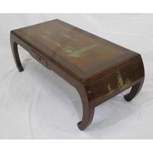 136 - Oriental oblong inlaid coffee table with ornate scenic figured inlay, on shaped legs