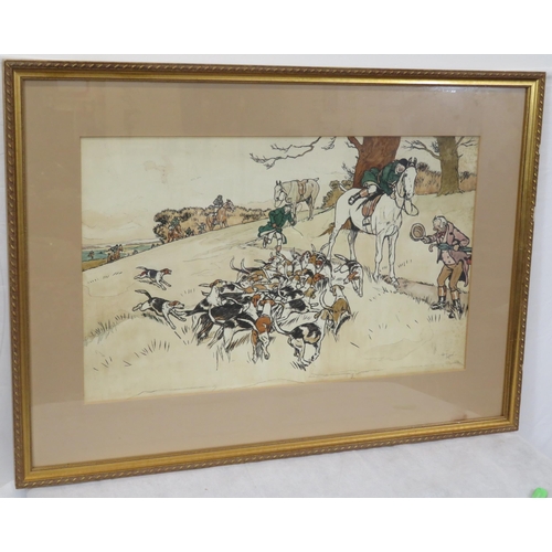 14 - Cecil Alden 'Hunting scene' coloured print, 36x60cm, signed