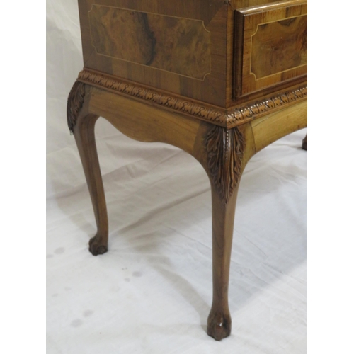 140 - Edwardian design walnut bookcase with foliate decoration, glazed doors, shelved interior, two drawer... 