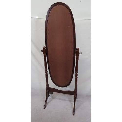 141 - Oval mahogany framed cheval mirror with turned columns and shaped legs