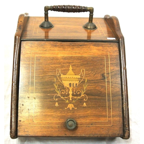 142 - Edwardian inlaid mahogany fuel box with shaped handle