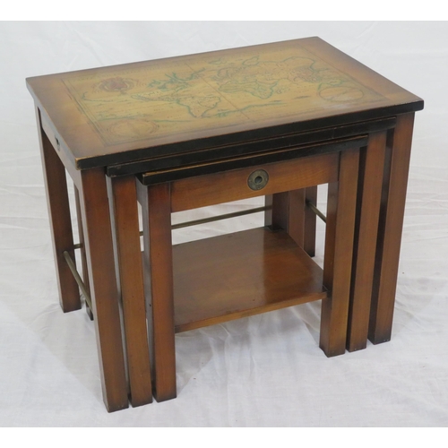 144 - Oriental style nest of 3 tables with map inset, on square legs