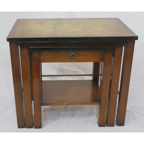 144 - Oriental style nest of 3 tables with map inset, on square legs