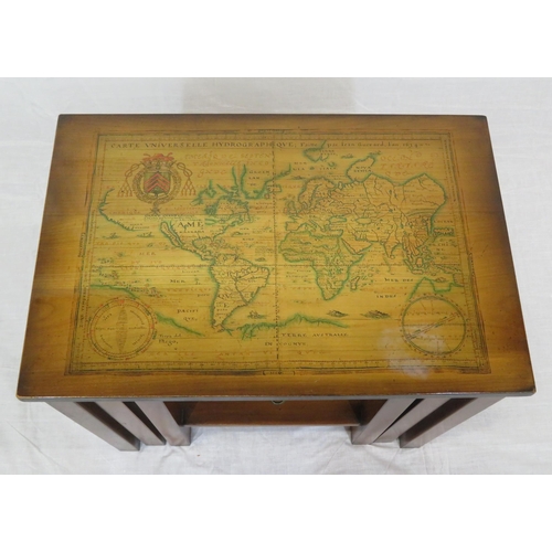 144 - Oriental style nest of 3 tables with map inset, on square legs