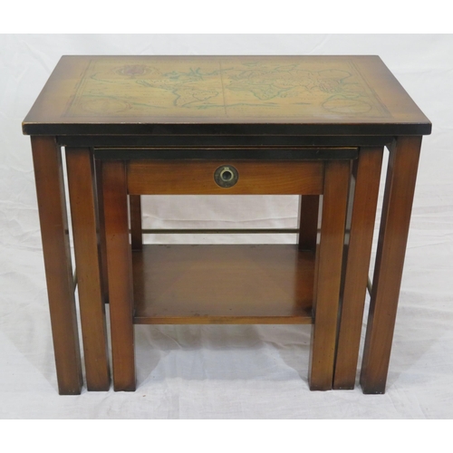 144 - Oriental style nest of 3 tables with map inset, on square legs