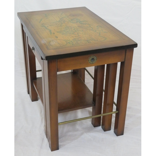 144 - Oriental style nest of 3 tables with map inset, on square legs