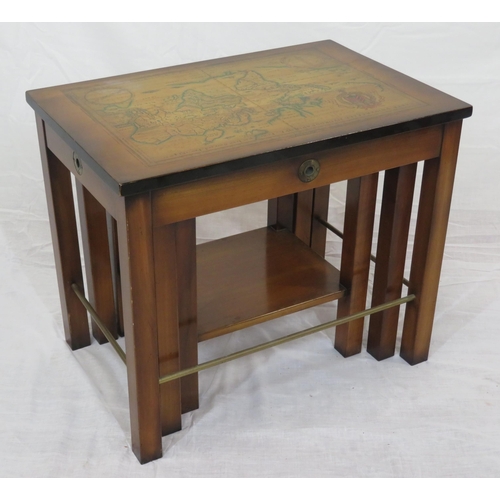 144 - Oriental style nest of 3 tables with map inset, on square legs