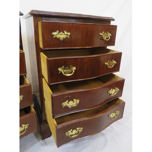 146 - Pair of Edwardian design crossbanded mahogany serpentine fronted small chests of 4 drawers with bras... 