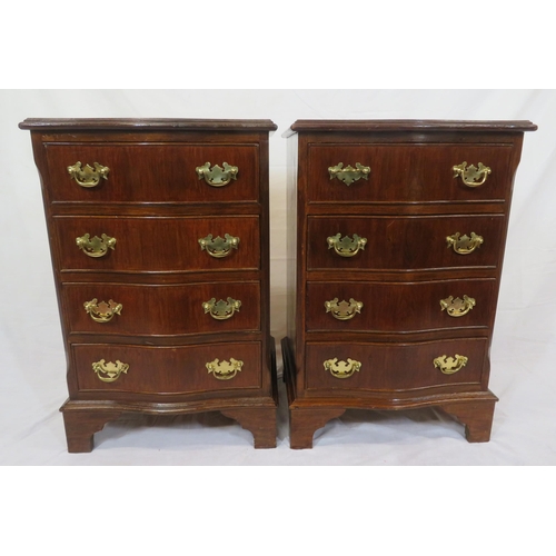 146 - Pair of Edwardian design crossbanded mahogany serpentine fronted small chests of 4 drawers with bras... 