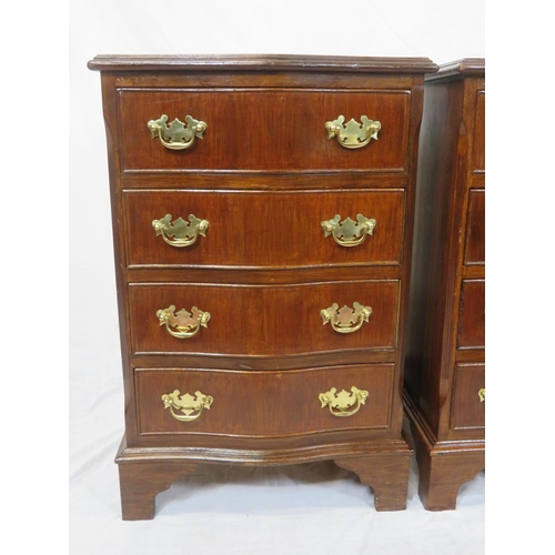 146 - Pair of Edwardian design crossbanded mahogany serpentine fronted small chests of 4 drawers with bras... 