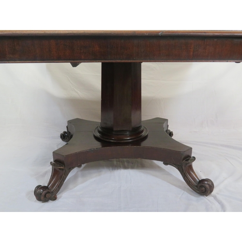 150 - Victorian mahogany dining or library table with tip-up top, hexagonal tapering column with round col... 