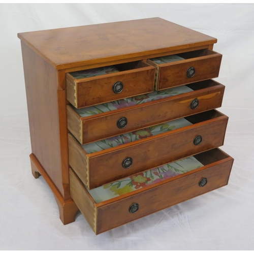 151 - Edwardian design crossbanded yew chest of 2 short and 3 long drawers with round drop handles, on bra... 