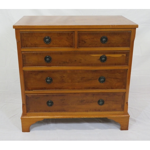 151 - Edwardian design crossbanded yew chest of 2 short and 3 long drawers with round drop handles, on bra... 