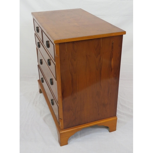 151 - Edwardian design crossbanded yew chest of 2 short and 3 long drawers with round drop handles, on bra... 