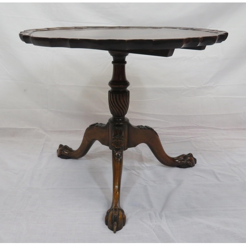 156 - Edwardian style occasional or coffee table with piecrust, border, tip-up top, vase turned column, on... 