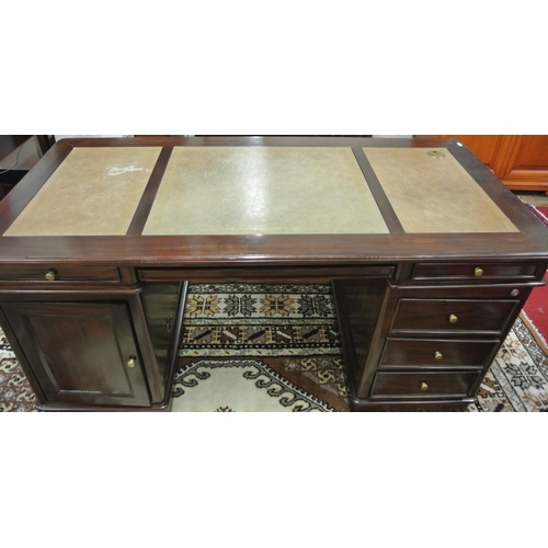 165 - Mahogany pedestal desk with leatherette insets, 2 frieze drawers, shelf, side drawers, on plinths