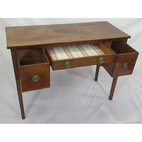 170 - Georgian style mahogany side or serving table with 3 drawers, round brass drop handles, on inlaid sq... 