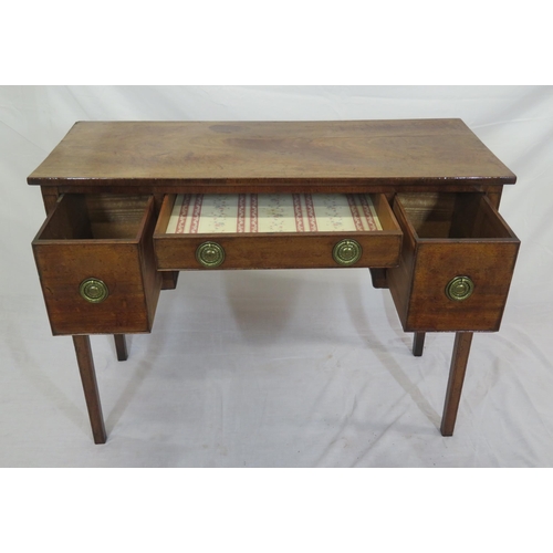 170 - Georgian style mahogany side or serving table with 3 drawers, round brass drop handles, on inlaid sq... 