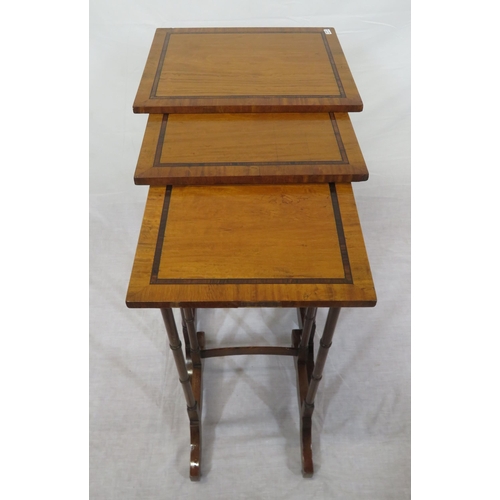 187 - Edwardian style inlaid crossbanded nest of 3 tables with spindle legs and bracket feet