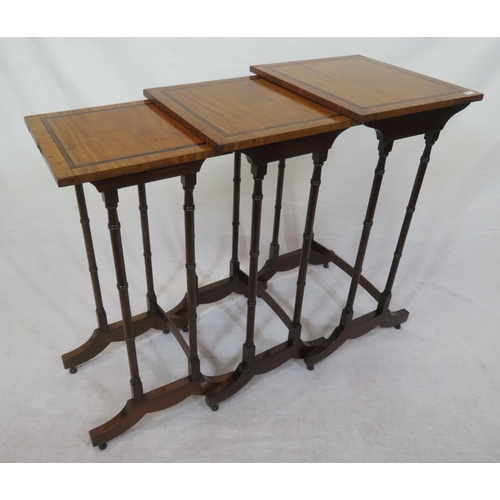 187 - Edwardian style inlaid crossbanded nest of 3 tables with spindle legs and bracket feet