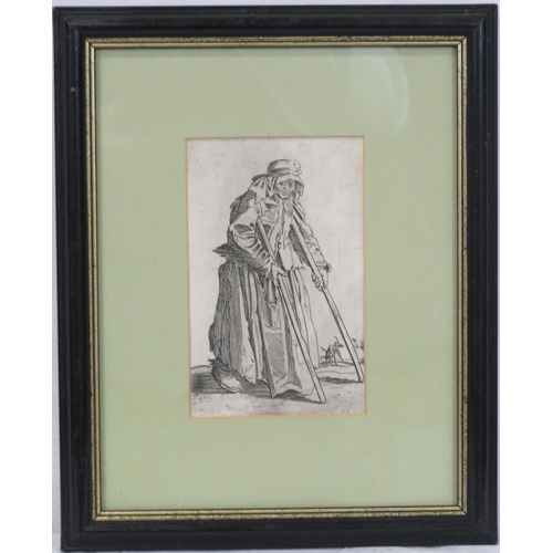 20 - After Jacques Callot 'Les Gueux, Beggar woman on crutches' engraving c1623, 18x19cm