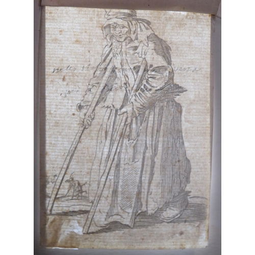 20 - After Jacques Callot 'Les Gueux, Beggar woman on crutches' engraving c1623, 18x19cm