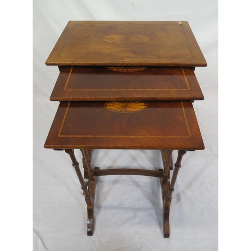 201 - Edwardian mahogany nest of 3 tables with shell and crossbanded inlay, spindle columns, on bracket fe... 