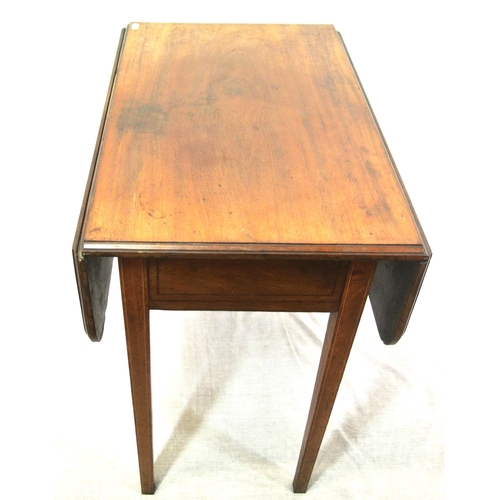 205 - Edwardian inlaid mahogany occasional table with drop leaves, pull-out supports, inlaid square taperi... 