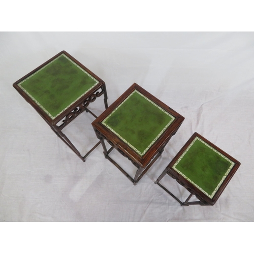 206 - Set of 3 Oriental square tables with leatherette insets, scroll decoration, shaped legs and stretche... 