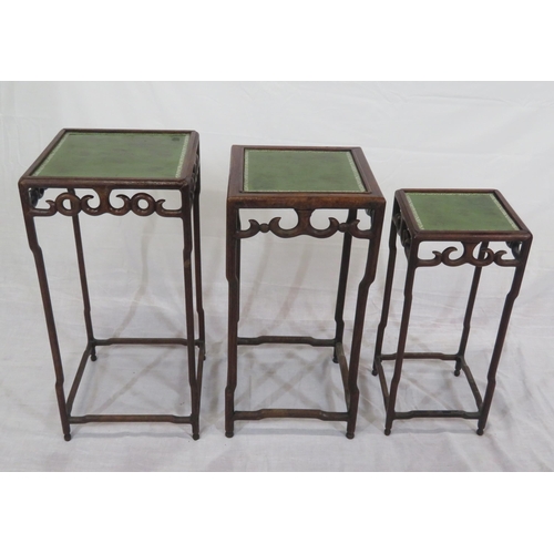 206 - Set of 3 Oriental square tables with leatherette insets, scroll decoration, shaped legs and stretche... 