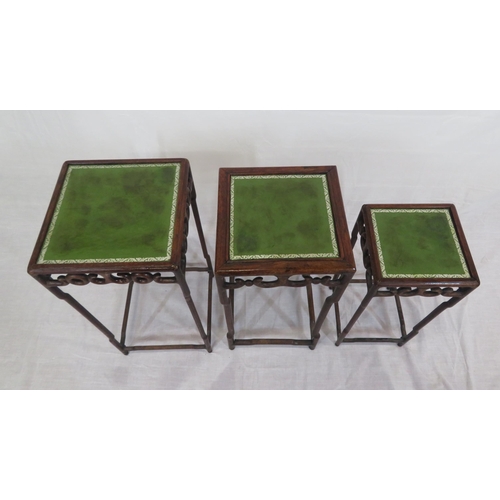 206 - Set of 3 Oriental square tables with leatherette insets, scroll decoration, shaped legs and stretche... 