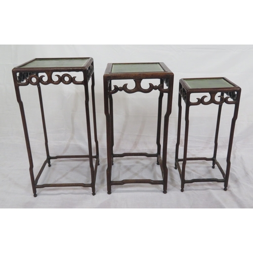 206 - Set of 3 Oriental square tables with leatherette insets, scroll decoration, shaped legs and stretche... 