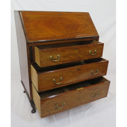 210 - Edwardian inlaid and crossbanded mahogany bureau with fall-down front, pull-out supports, fitted int... 