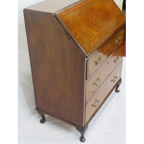 210 - Edwardian inlaid and crossbanded mahogany bureau with fall-down front, pull-out supports, fitted int... 