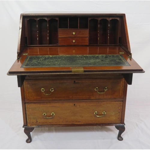 210 - Edwardian inlaid and crossbanded mahogany bureau with fall-down front, pull-out supports, fitted int... 