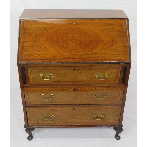 210 - Edwardian inlaid and crossbanded mahogany bureau with fall-down front, pull-out supports, fitted int... 