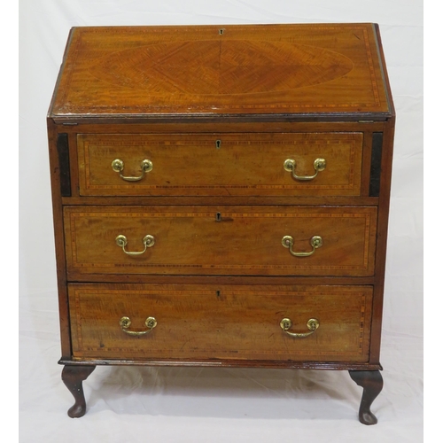 210 - Edwardian inlaid and crossbanded mahogany bureau with fall-down front, pull-out supports, fitted int... 