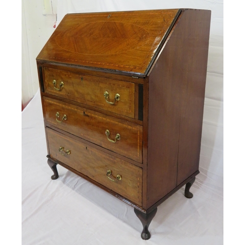 210 - Edwardian inlaid and crossbanded mahogany bureau with fall-down front, pull-out supports, fitted int... 