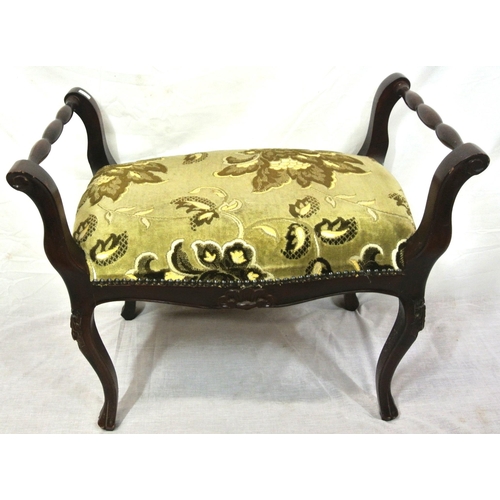 213 - Victorian mahogany dressing stool with floral upholstery, turned arms, on cabriole legs