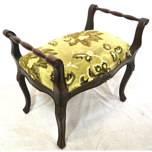 213 - Victorian mahogany dressing stool with floral upholstery, turned arms, on cabriole legs