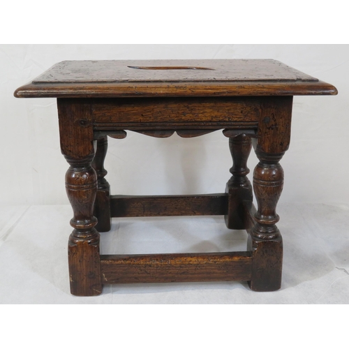 214 - Victorian oak stool with vase turned columns and stretcher