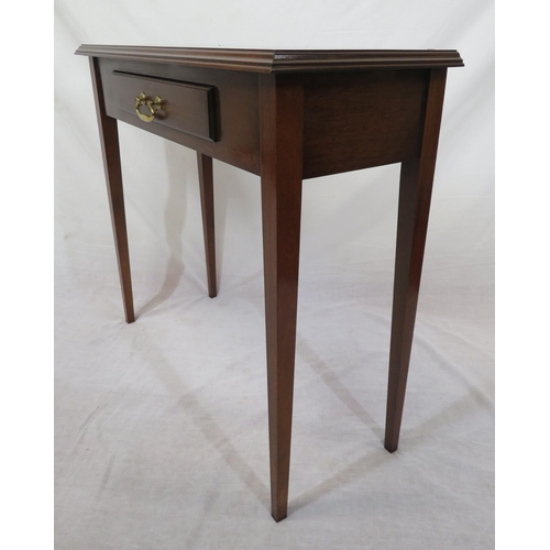 236 - Edwardian design mahogany hall or side table with frieze drawer, brass drop handle, on tapering legs