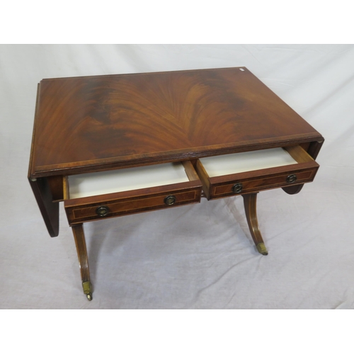 240 - Edwardian design inlaid and crossbanded mahogany sofa table with drop leaves, reeded borders, frieze... 