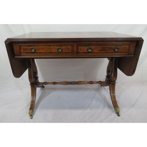 240 - Edwardian design inlaid and crossbanded mahogany sofa table with drop leaves, reeded borders, frieze... 