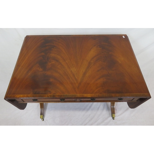 240 - Edwardian design inlaid and crossbanded mahogany sofa table with drop leaves, reeded borders, frieze... 