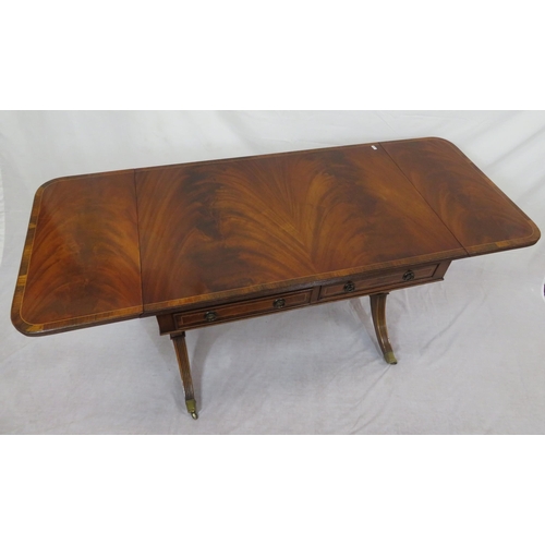 240 - Edwardian design inlaid and crossbanded mahogany sofa table with drop leaves, reeded borders, frieze... 